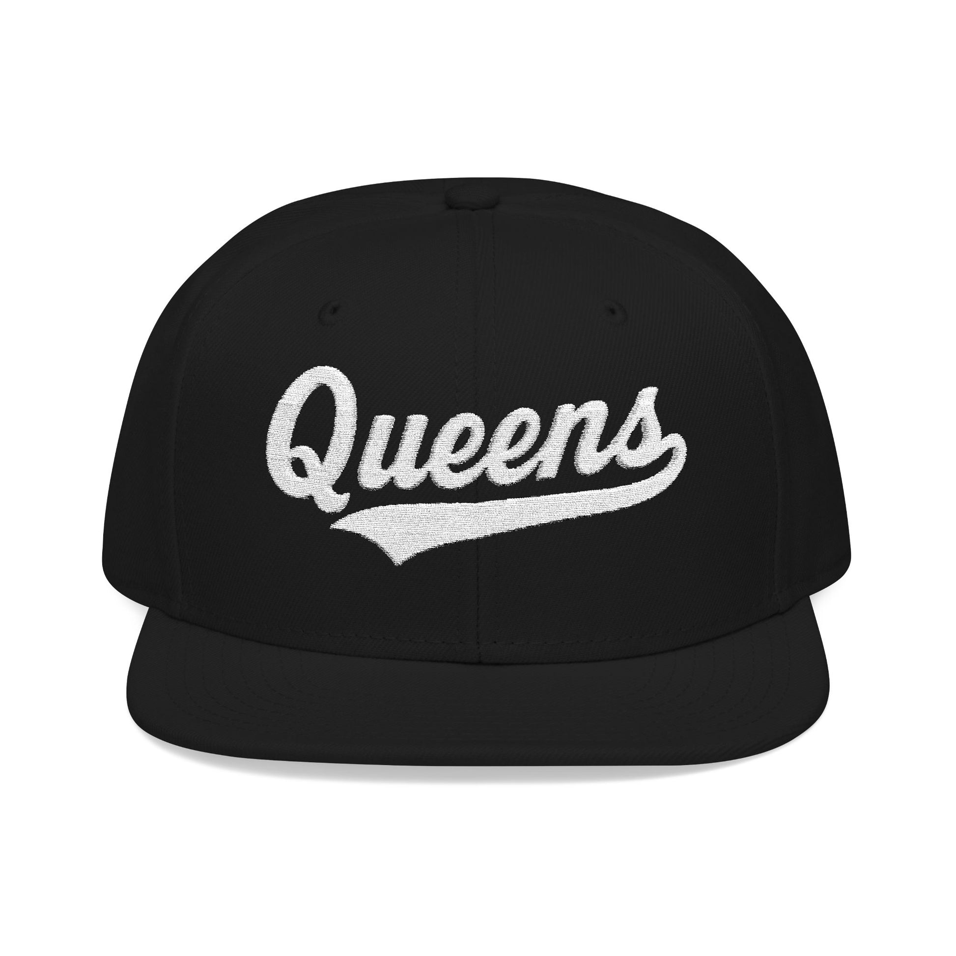 Black baseball cap with white "Queens" text in a script font.