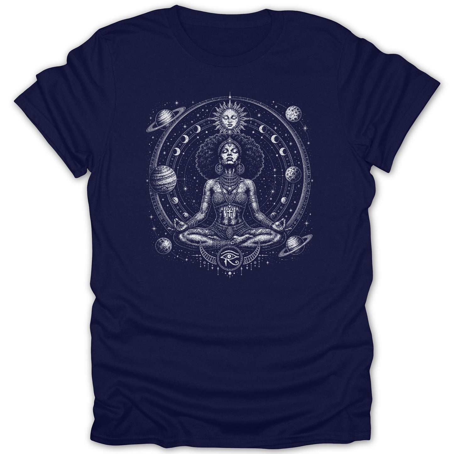 T-shirt with a meditation graphic featuring a woman, sun, moon, and planets.