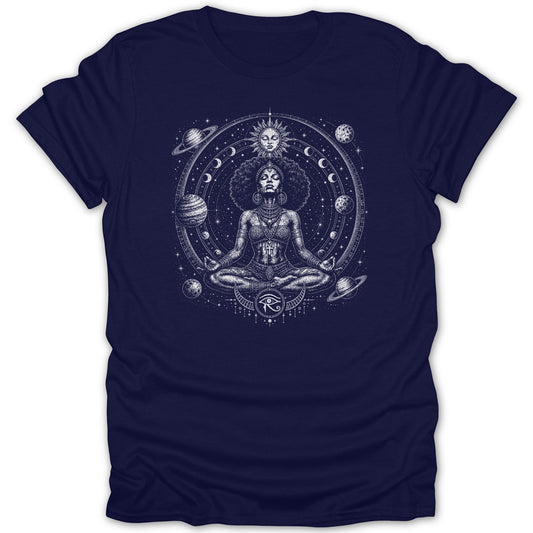 T-shirt with a meditation graphic featuring a woman, sun, moon, and planets.