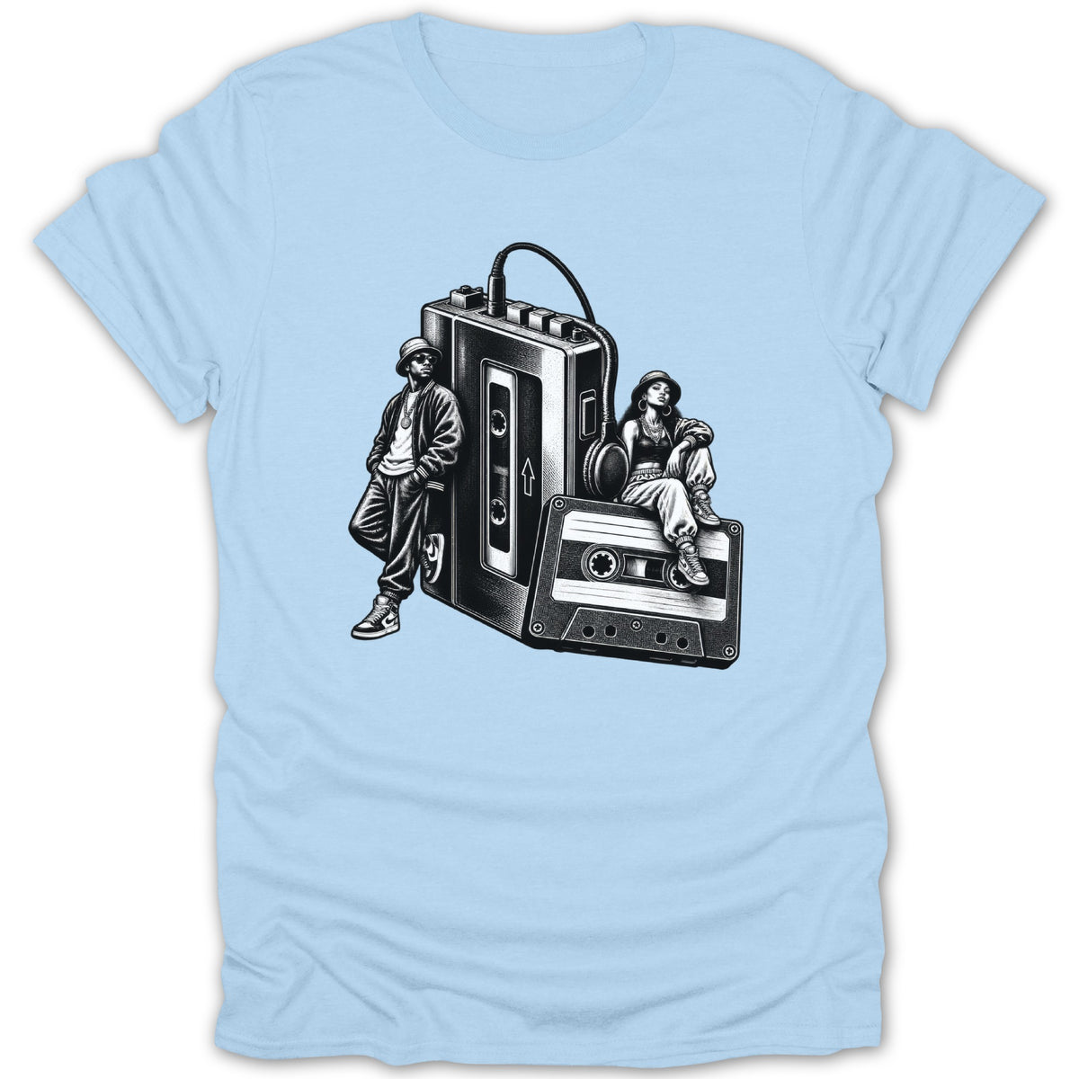 Black and white illustration of two people with a boombox and cassette tape on light blue t-shirt.
