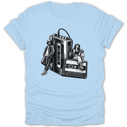 Black and white illustration of two people with a boombox and cassette tape on light blue t-shirt.