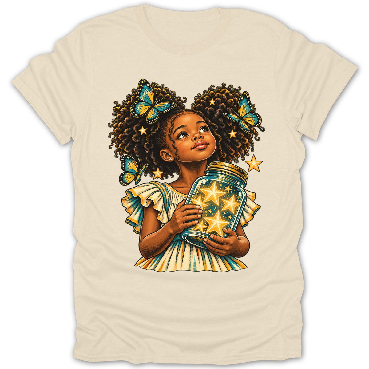 Girl with curly hair holding a jar full of stars and butterflies.