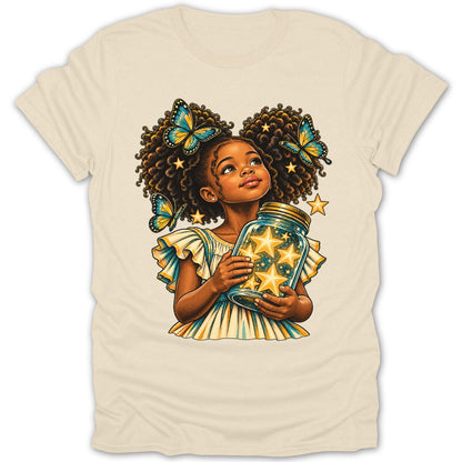 Girl with curly hair holding a jar full of stars and butterflies.