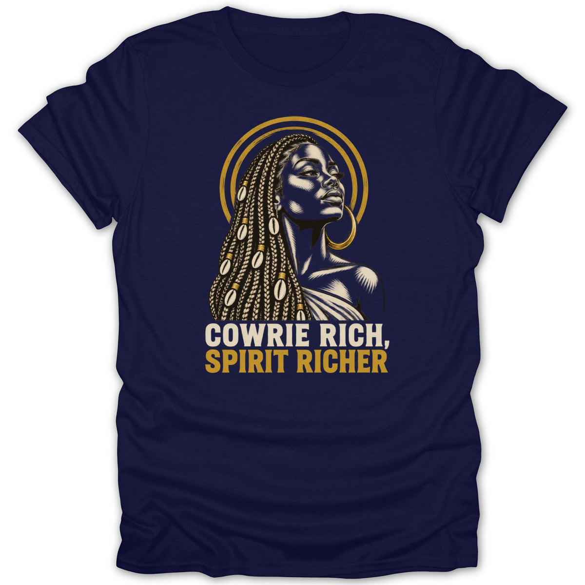 A dark blue short-sleeve t-shirt featuring an illustration of a Black woman with braided hair and cowrie shells, with the text "COWRIE RICH, SPIRIT RICHER".