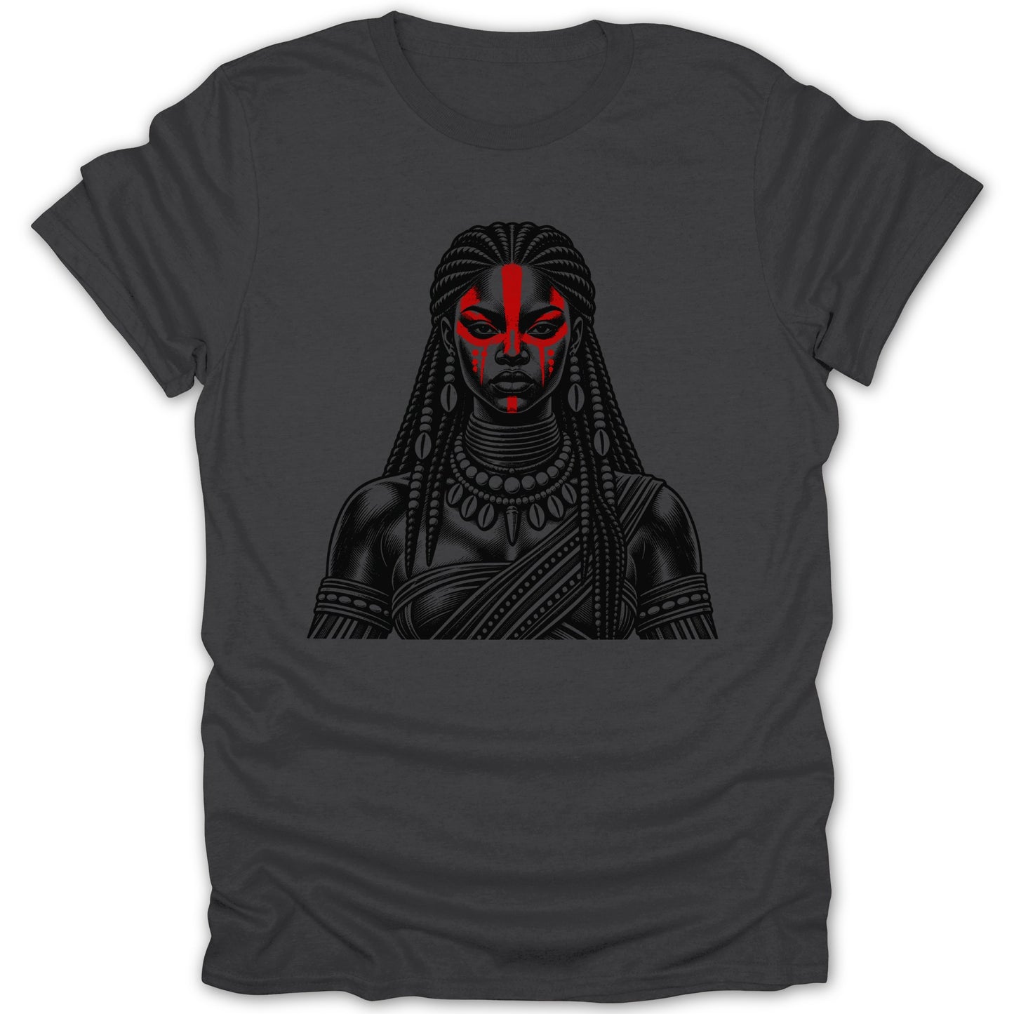 T-shirt with black and white illustration of woman with red face paint and braids.