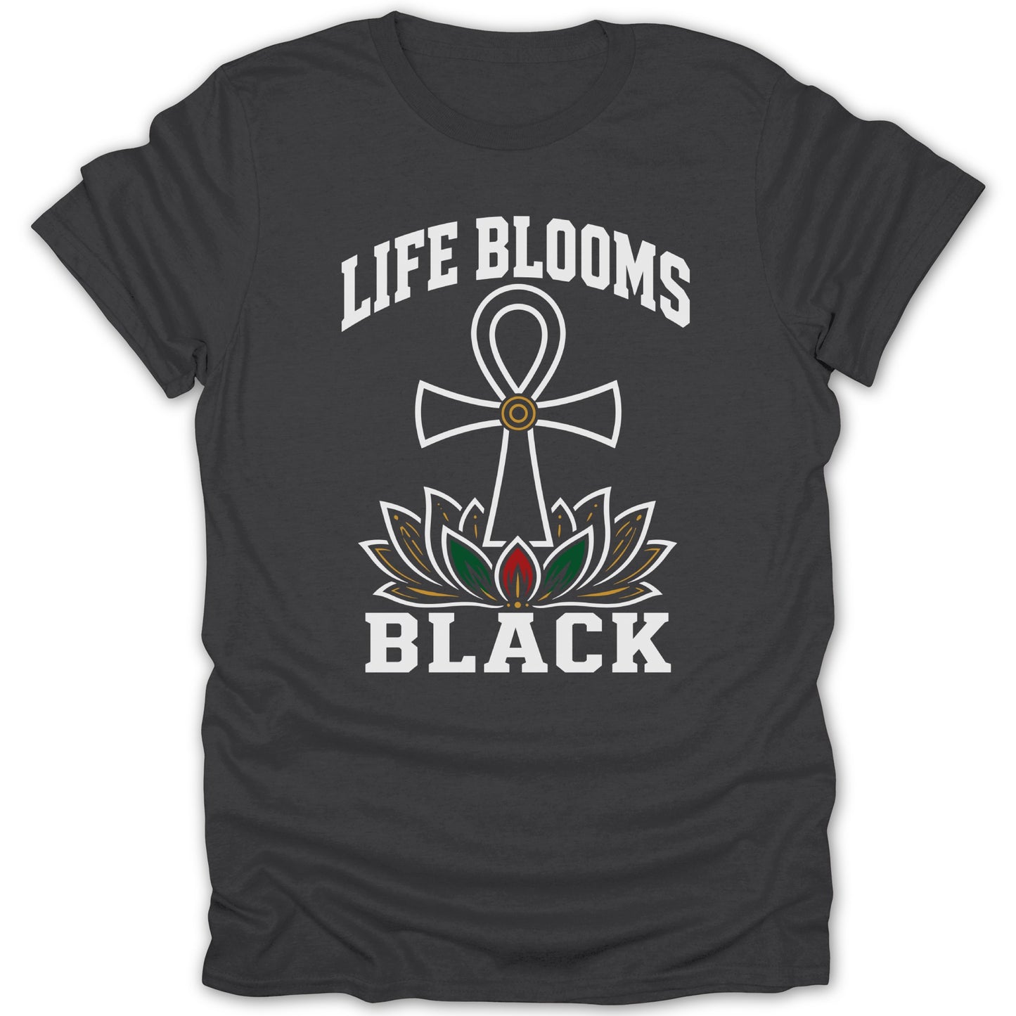 Dark t-shirt with white text "LIFE BLOOMS BLACK" and a lotus flower with an ankh.