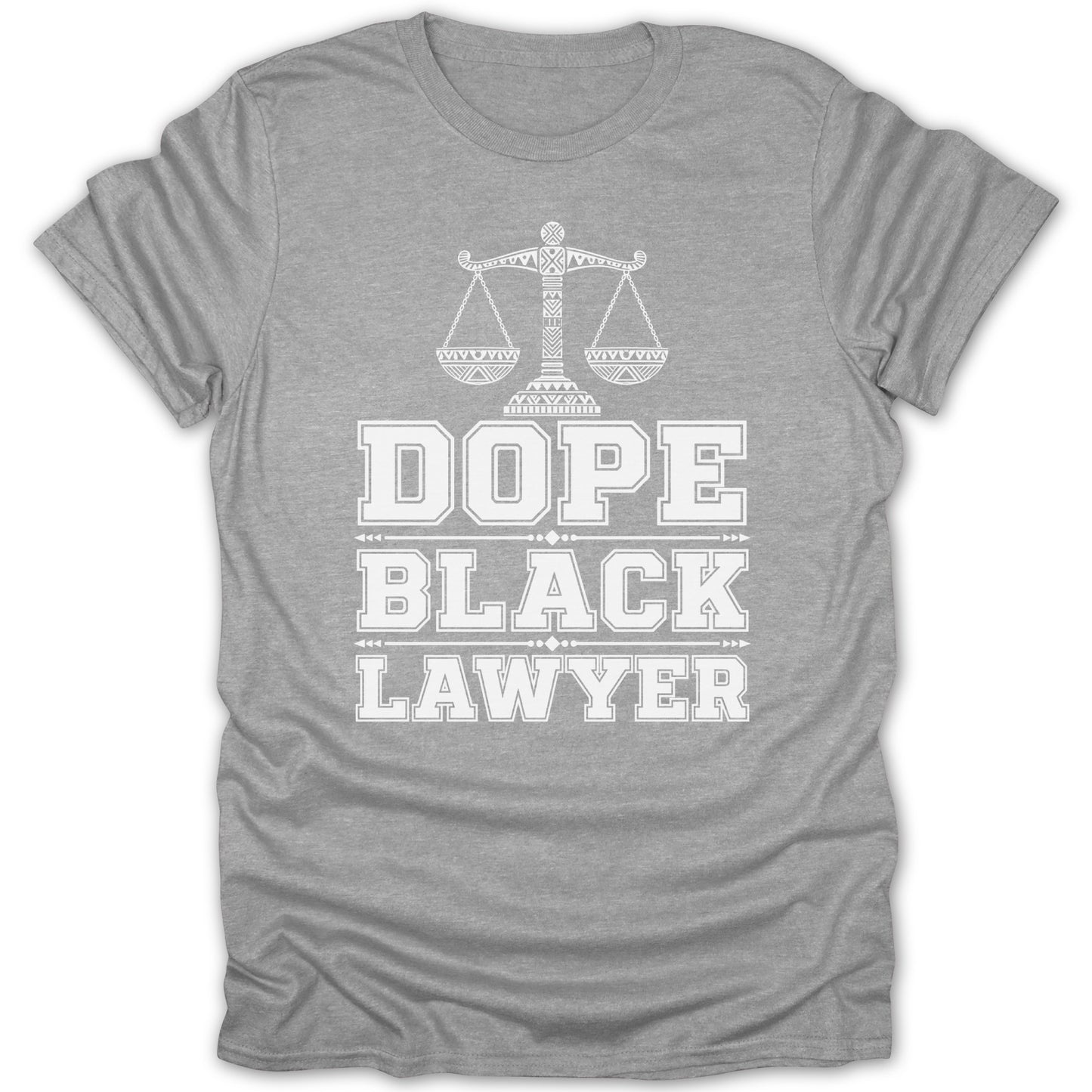 Grey t-shirt with white scales of justice and "Dope Black Lawyer" text.