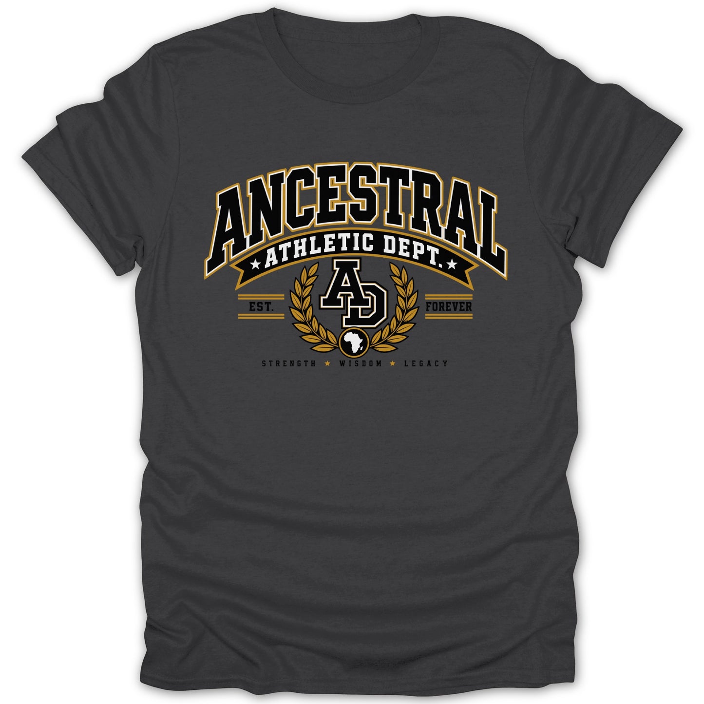Dark gray t-shirt with Ancestral Athletic Dept. logo, AD initials, and African continent outline.