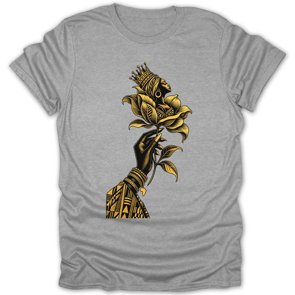 Black hand holding a golden flower with a queen's head in the bloom.