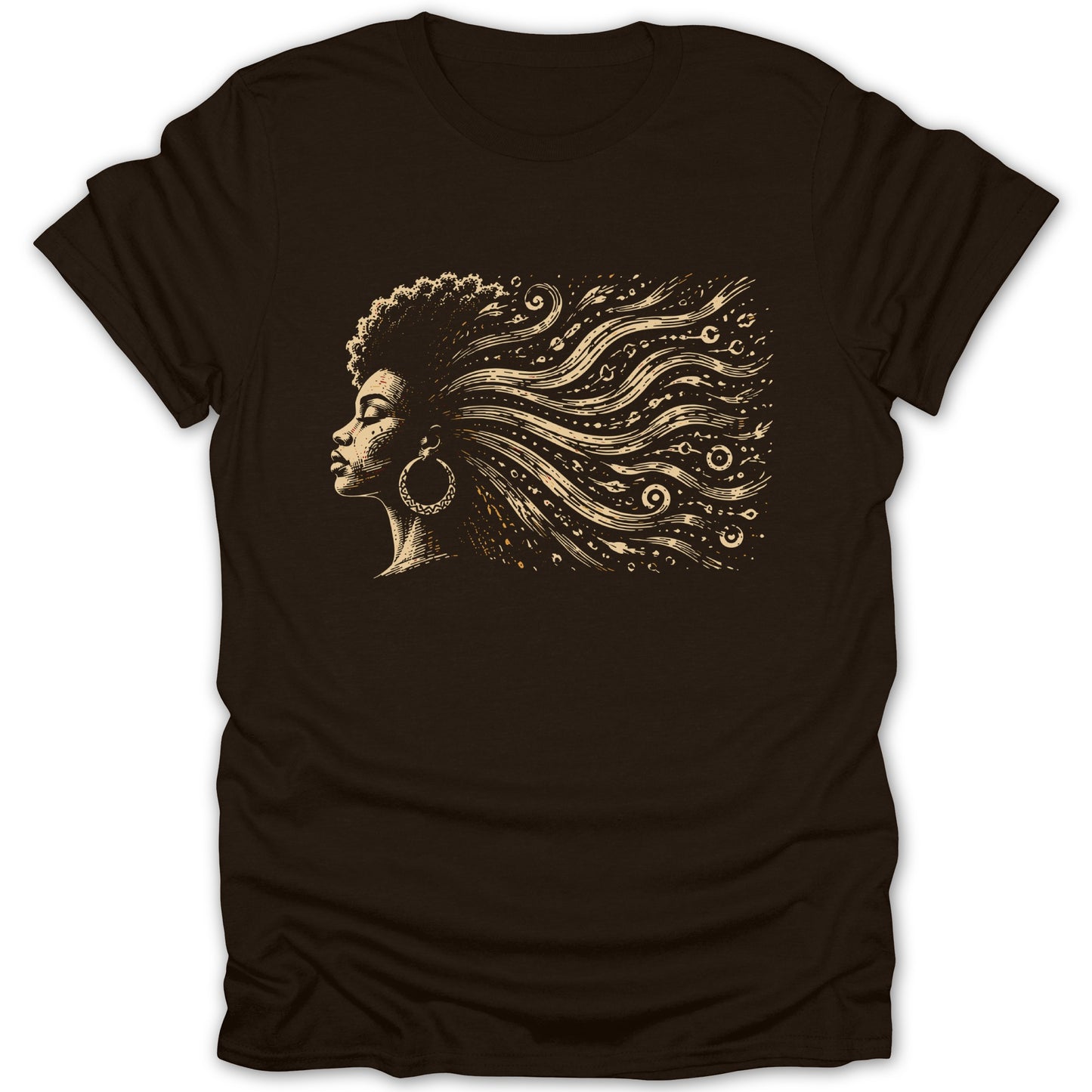T-shirt with a graphic of a woman's profile and flowing, decorative hair.