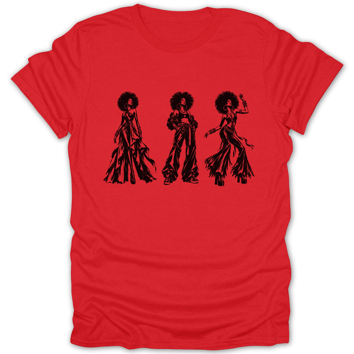 Red t-shirt with black silhouette of three women with afro hairstyles dancing.