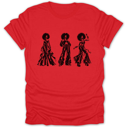 Red t-shirt with black silhouette of three women with afro hairstyles dancing.