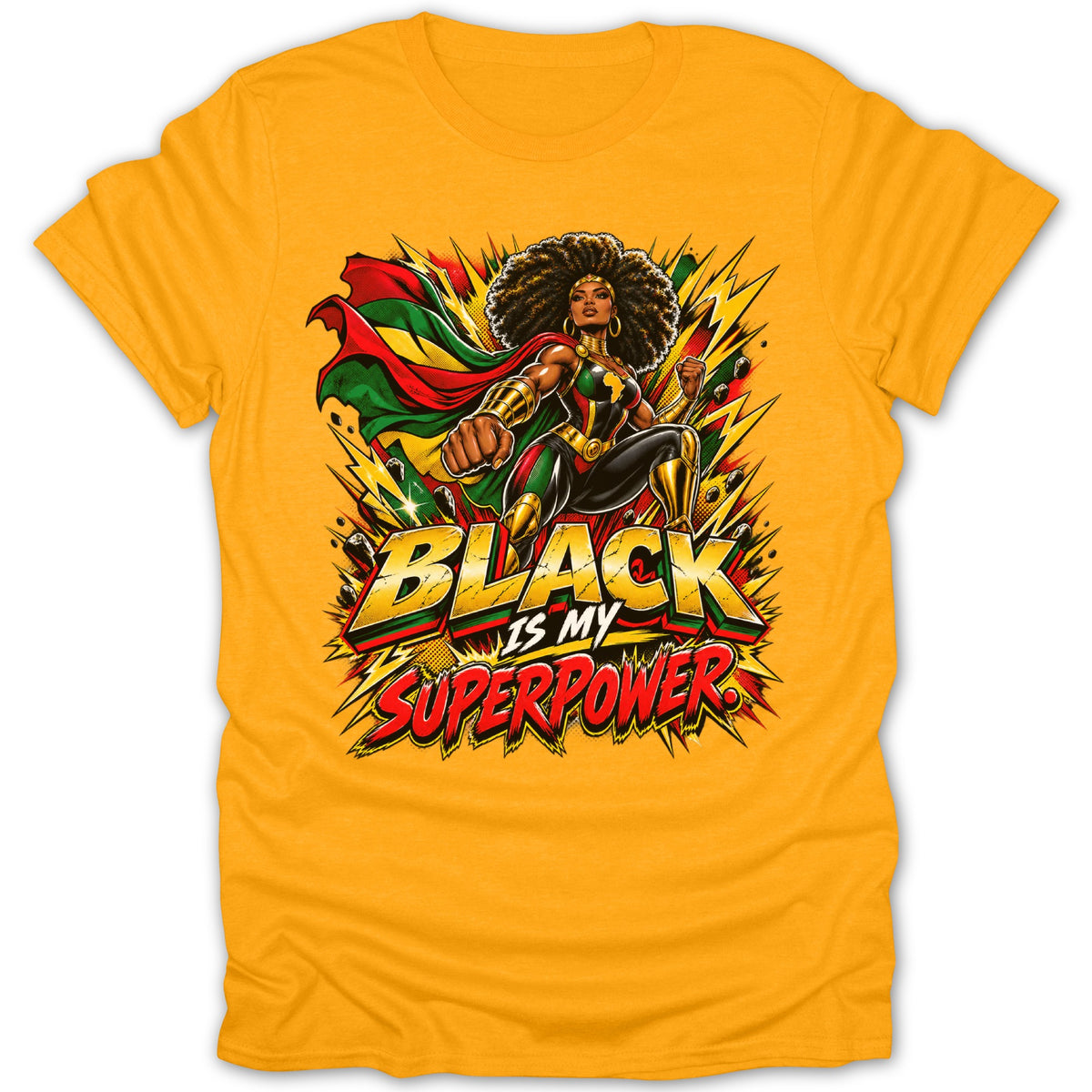 Yellow t-shirt with "BLACK IS MY SUPERPOWER" text and a superhero woman.