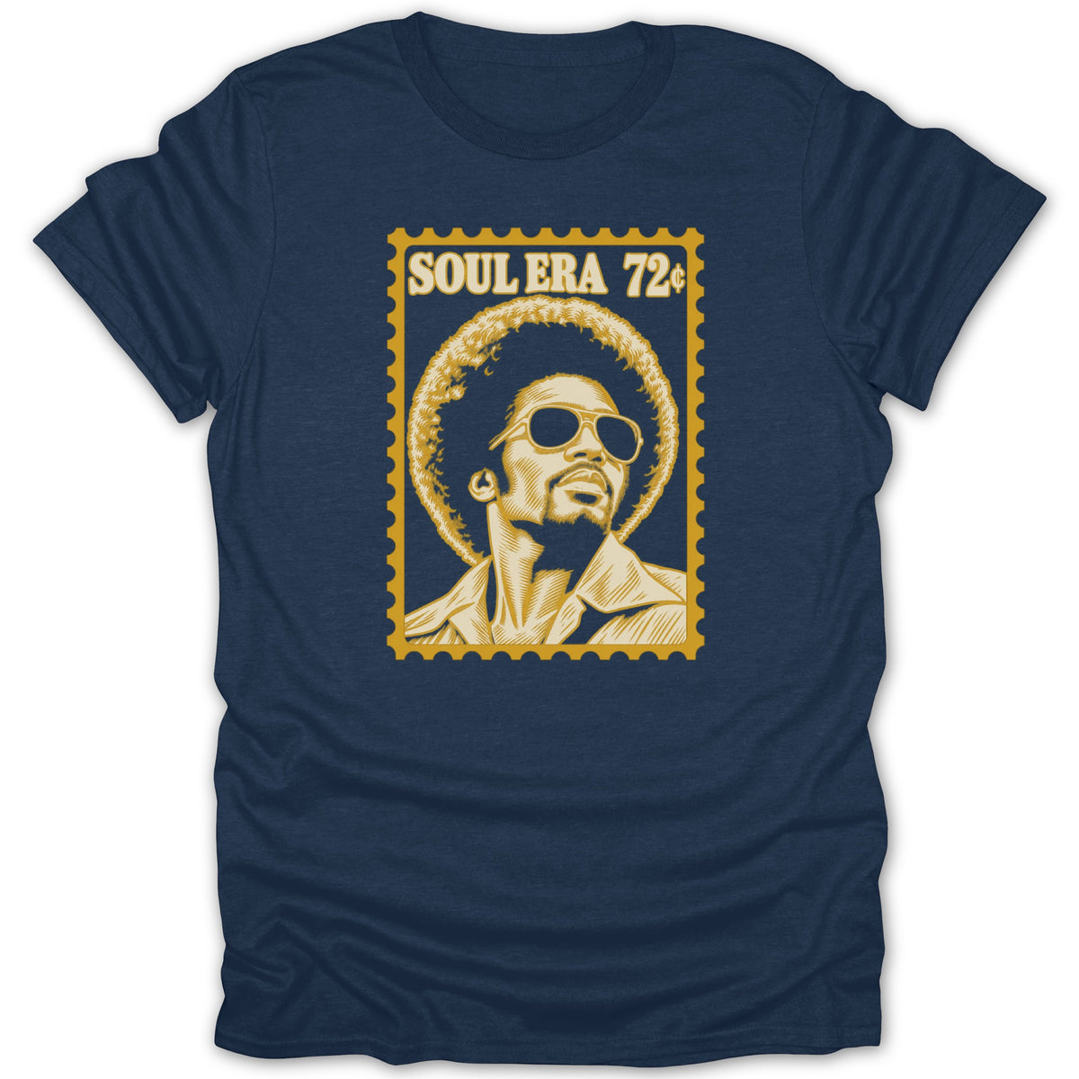 A navy blue t-shirt featuring a yellow graphic of a man with an afro and sunglasses, styled like a postage stamp with the text SOUL ERA 72¢.