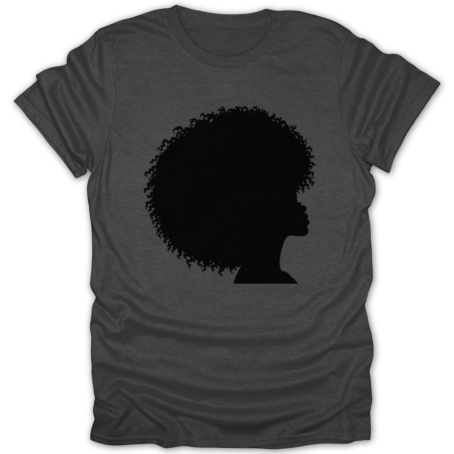 Black silhouette of a woman's profile with an afro on a charcoal t-shirt.