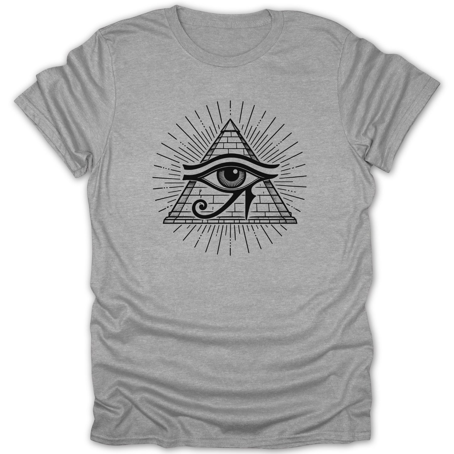 Grey t-shirt with a black print of the Eye of Horus within a pyramid.