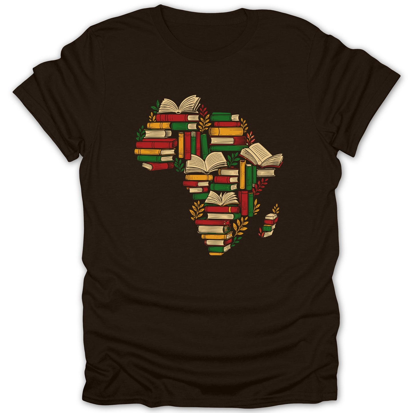Africa shaped from stacked books with leaves on a brown t-shirt.