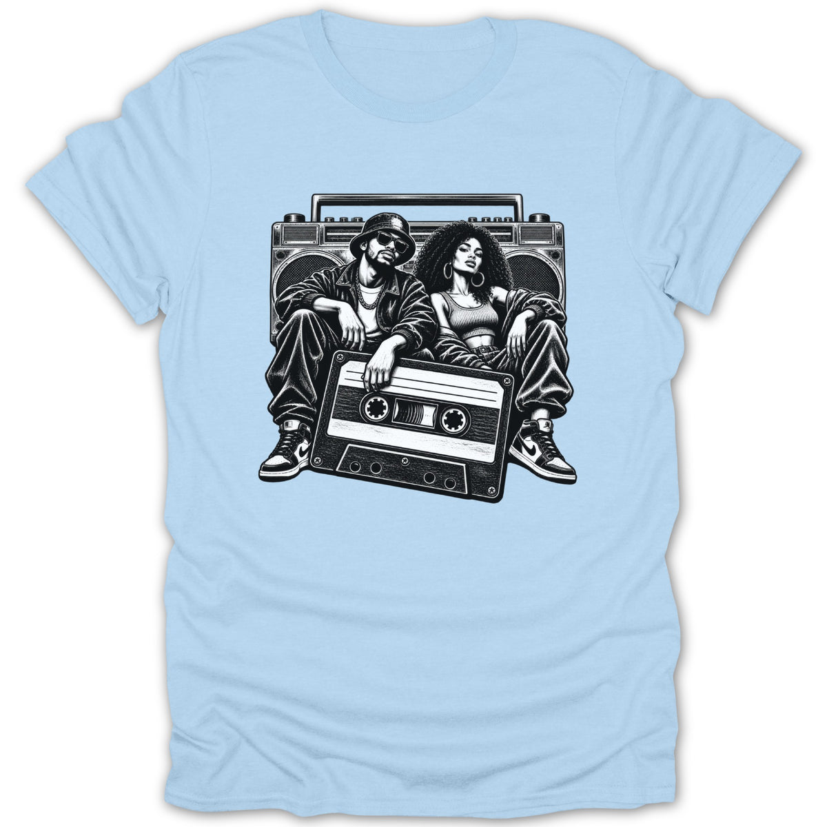 Couple sitting in front of boombox with cassette tape, black and white illustration.