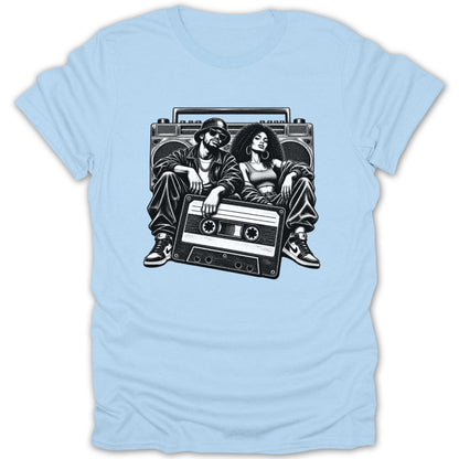 Couple sitting in front of boombox with cassette tape, black and white illustration.