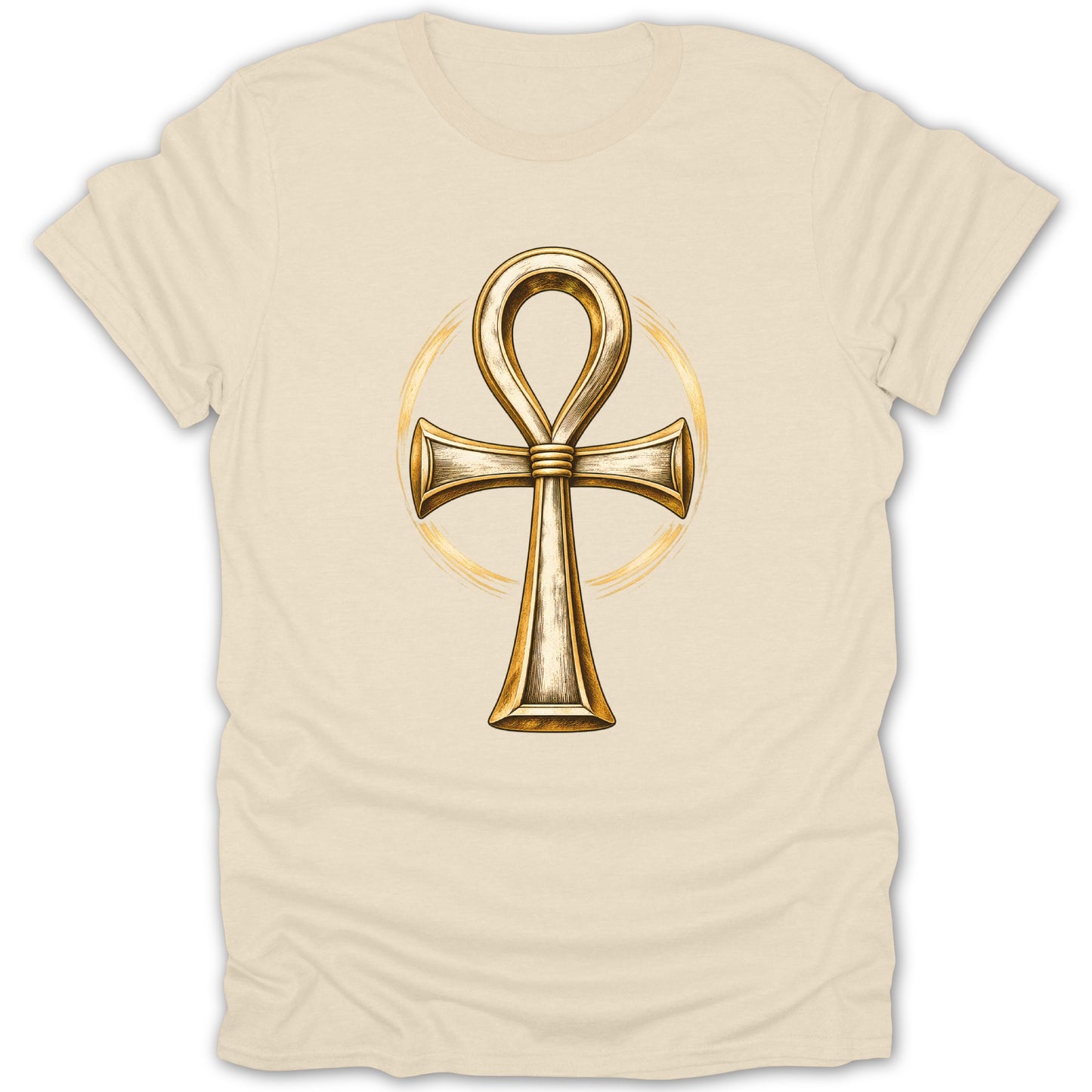 Gold ankh symbol with golden circle on a cream t-shirt.