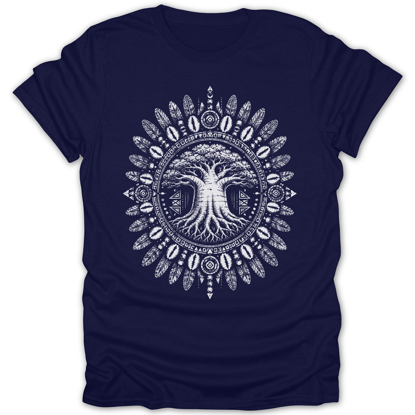 Navy t-shirt with white circular tribal tree of life and feather design.