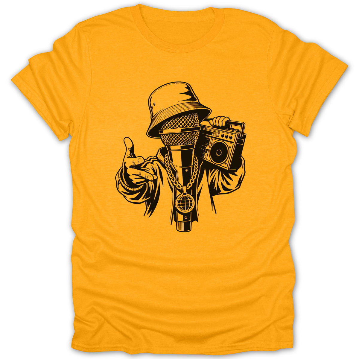 Microphone with bucket hat, boombox, and gold chain on yellow t-shirt.