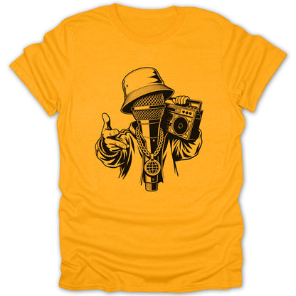 Microphone with bucket hat, boombox, and gold chain on yellow t-shirt.