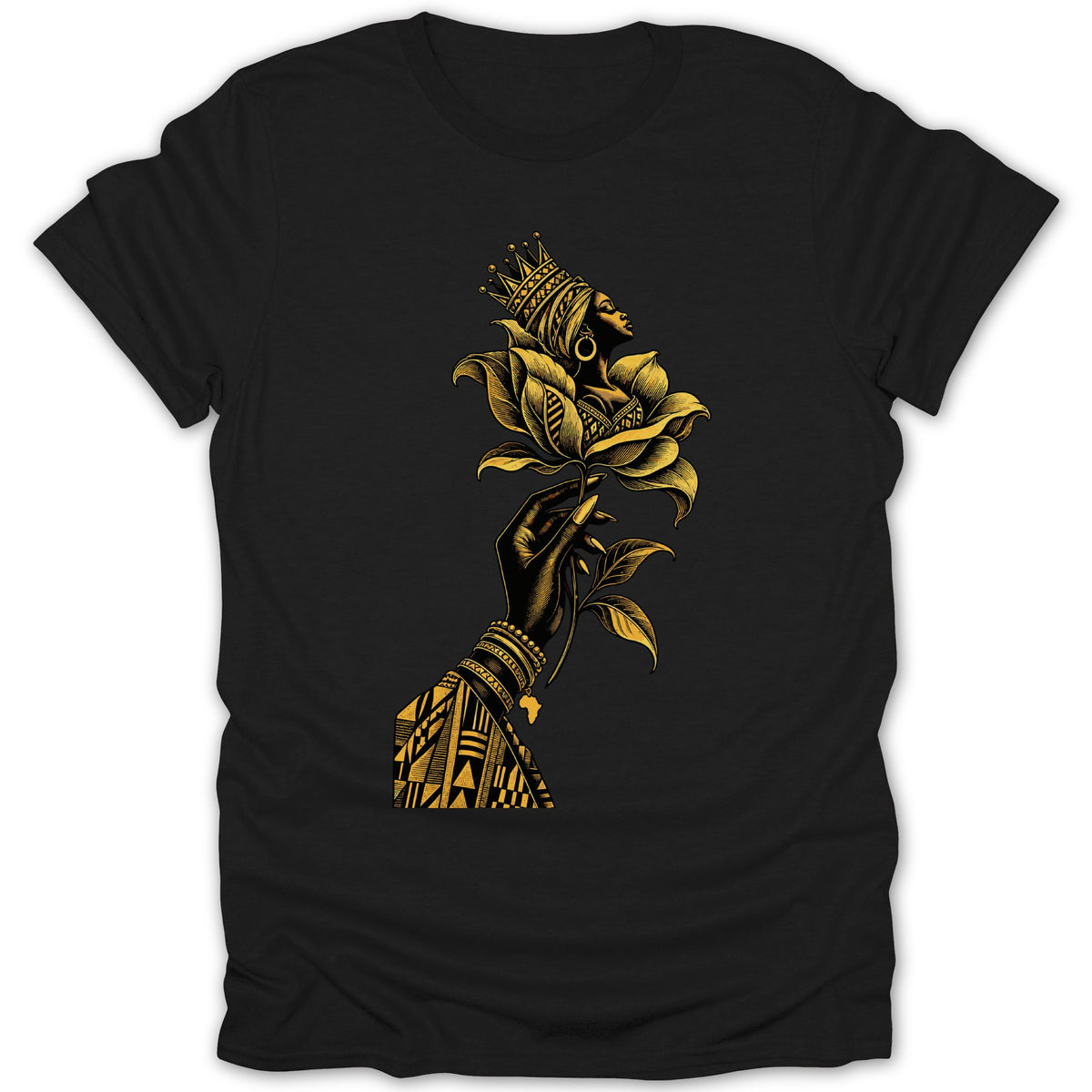 Black t-shirt with gold graphic of woman wearing crown holding a flower.