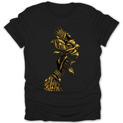 Black t-shirt with gold graphic of woman wearing crown holding a flower.