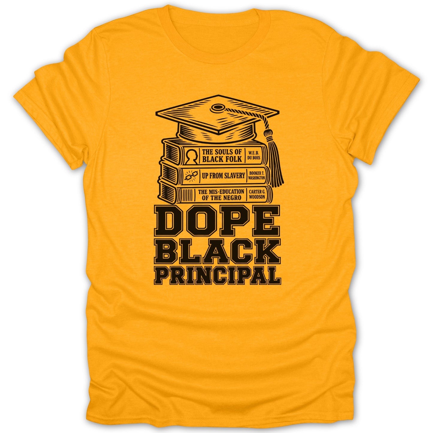 Yellow t-shirt with graduation cap, books, and "Dope Black Principal" text.