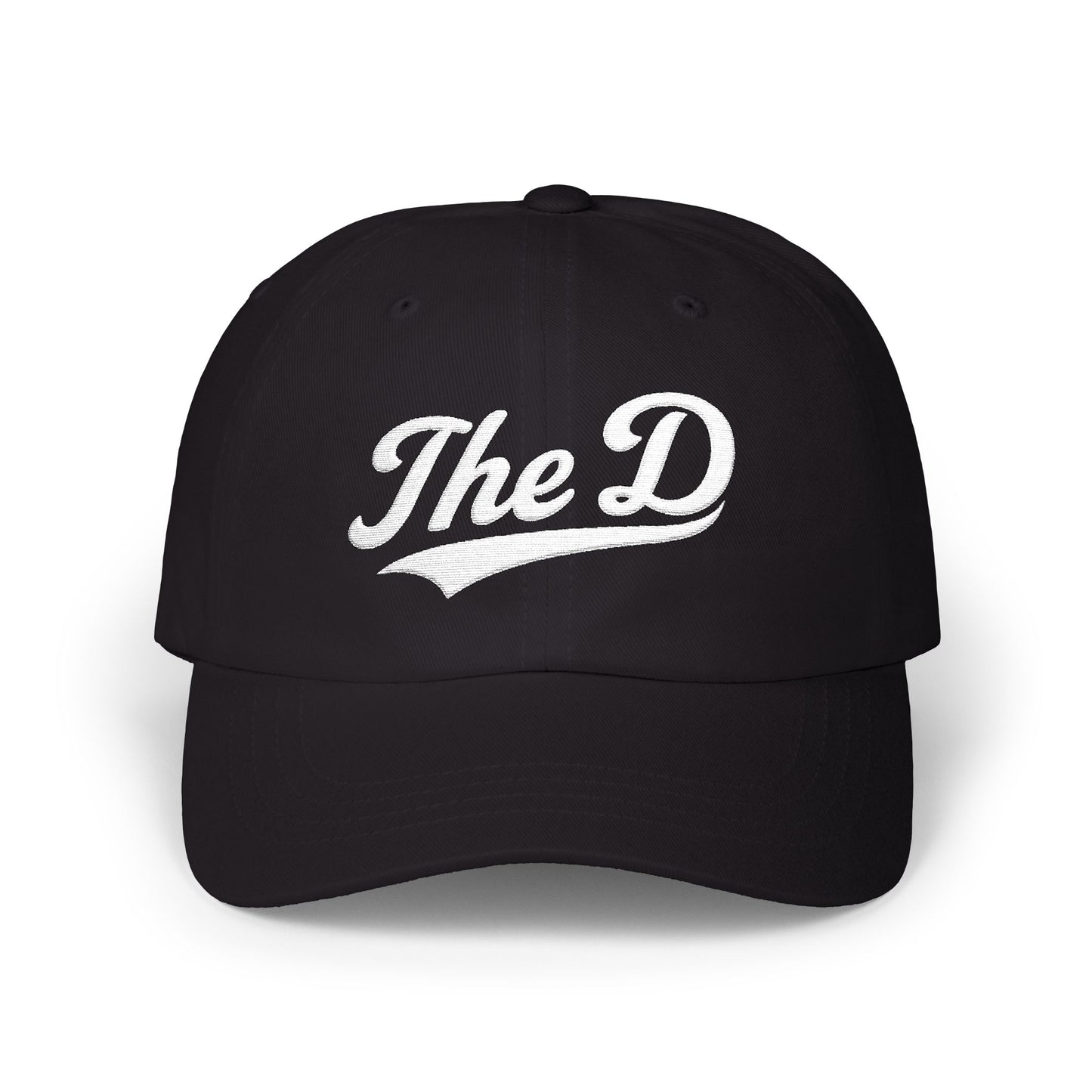 Black baseball cap with "The D" logo embroidered in white script.