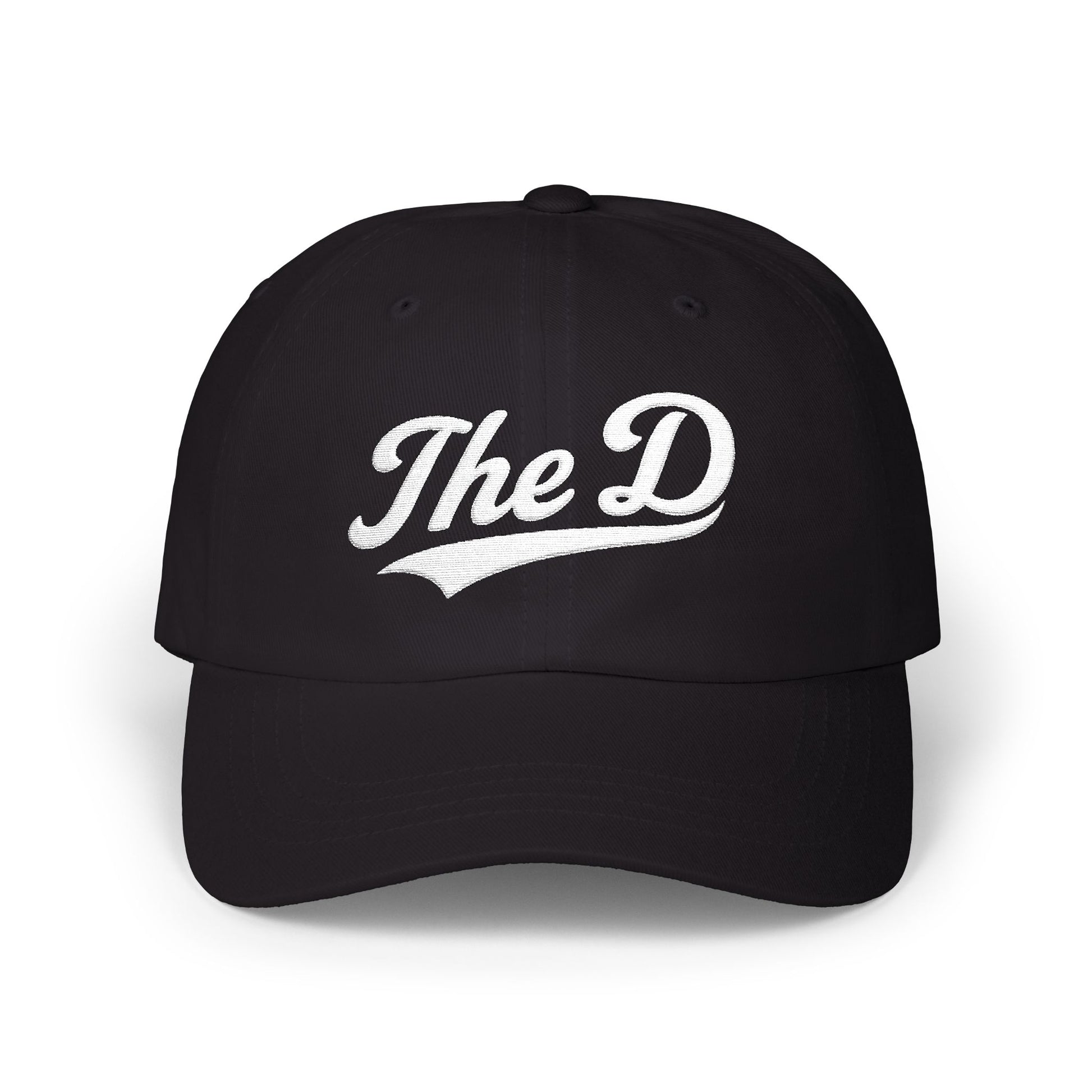 Black baseball cap with "The D" logo embroidered in white script.