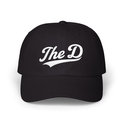 Black baseball cap with "The D" logo embroidered in white script.