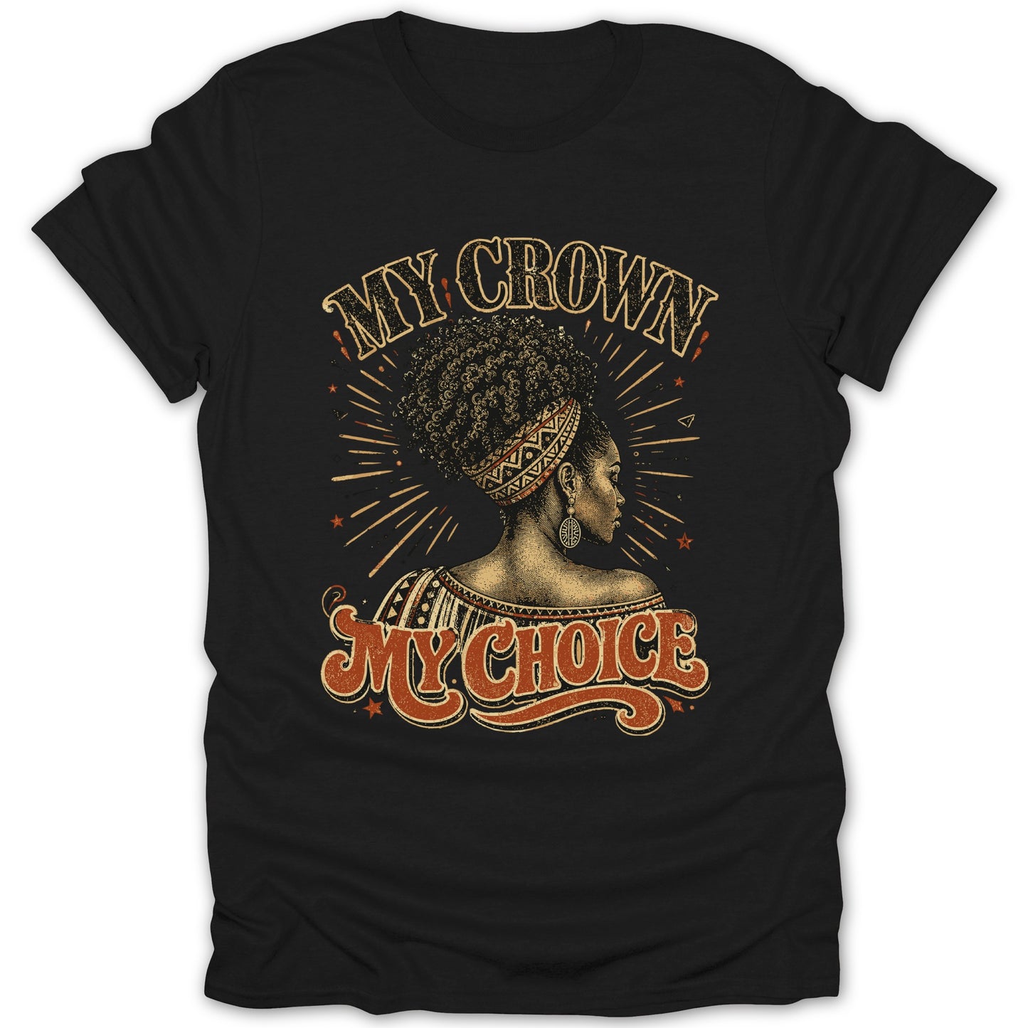 Black t-shirt with "My Crown My Choice" text and a woman's profile graphic.