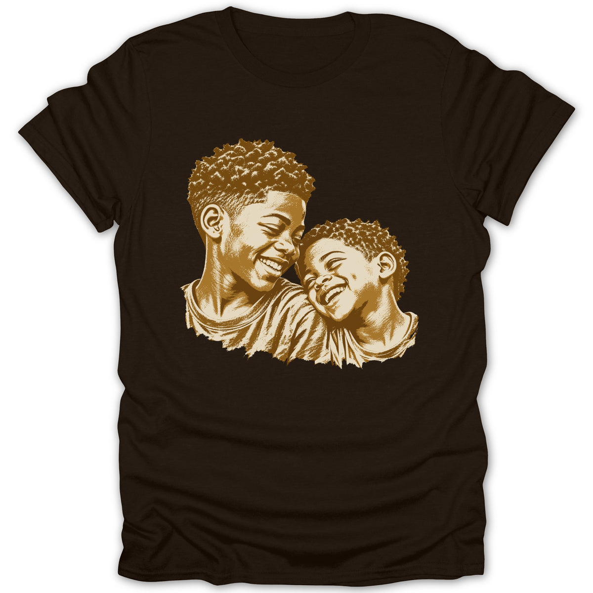 Brown t-shirt with a golden sketch of two young brothers smiling together.