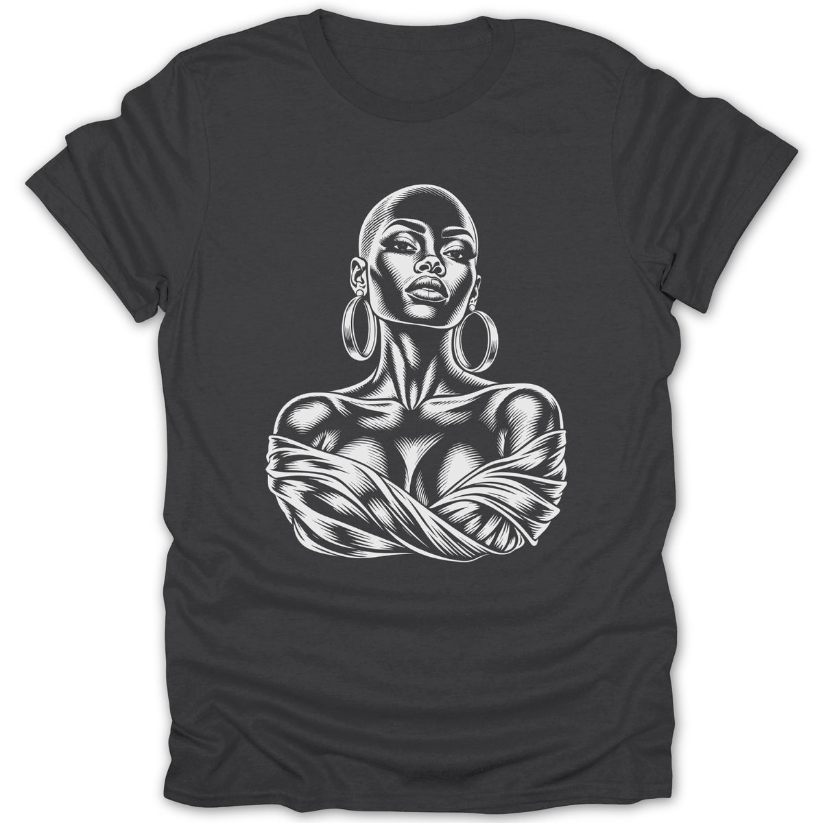 Black and white graphic of a bald woman with large hoop earrings.