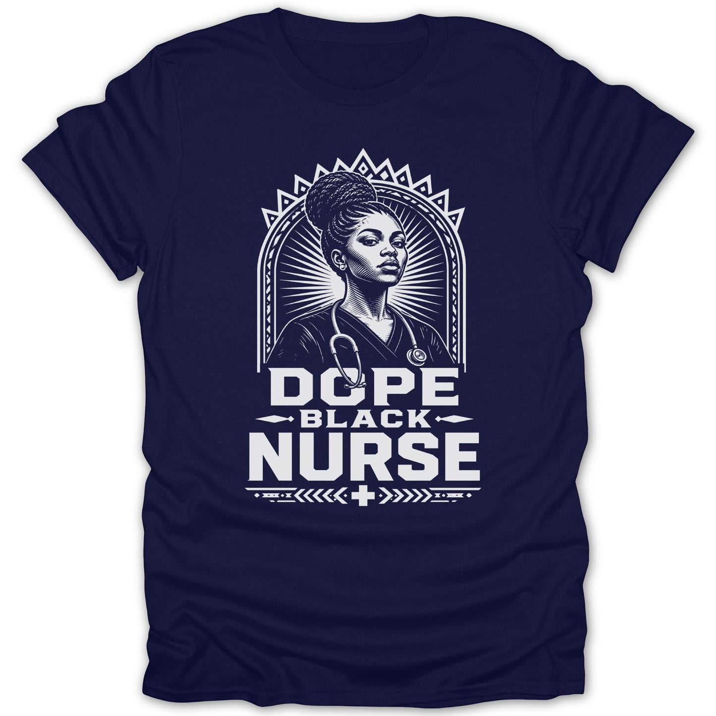 Navy t-shirt with graphic of a Black nurse and text DOPE BLACK NURSE.