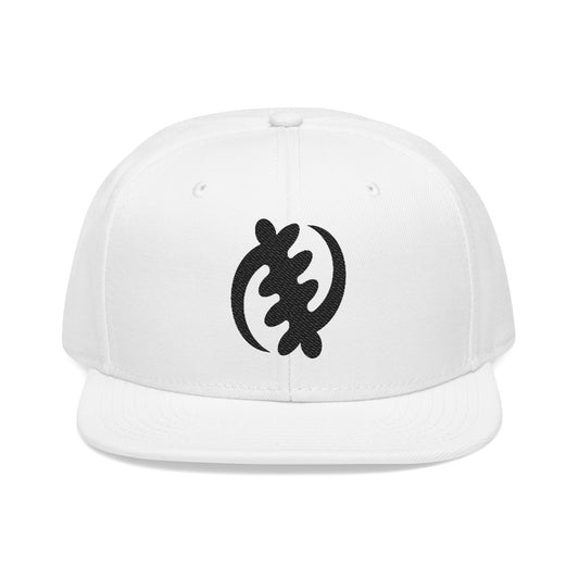 White snapback hat with black Adinkra symbol Gye Nyame.