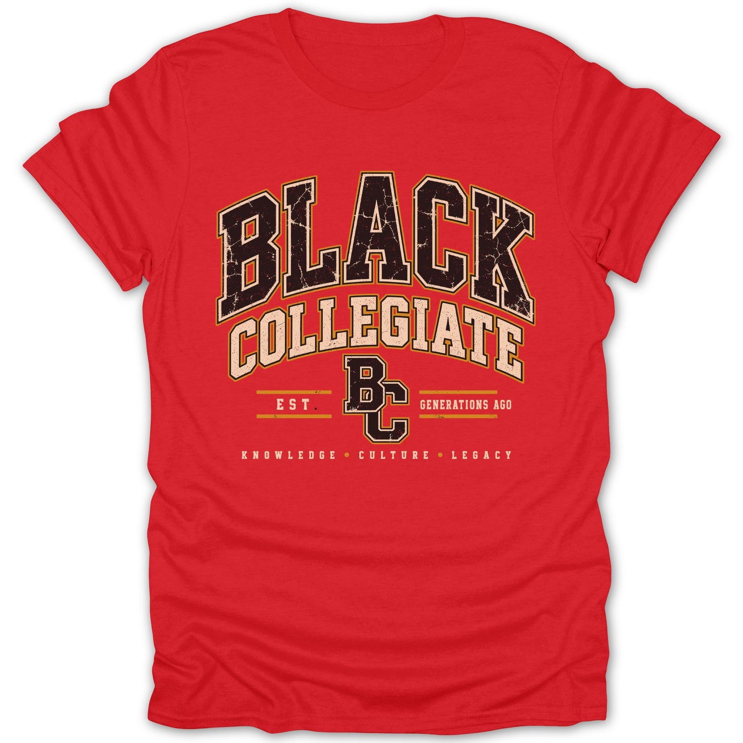 Red t-shirt with "BLACK COLLEGIATE" text and "BC" logo.