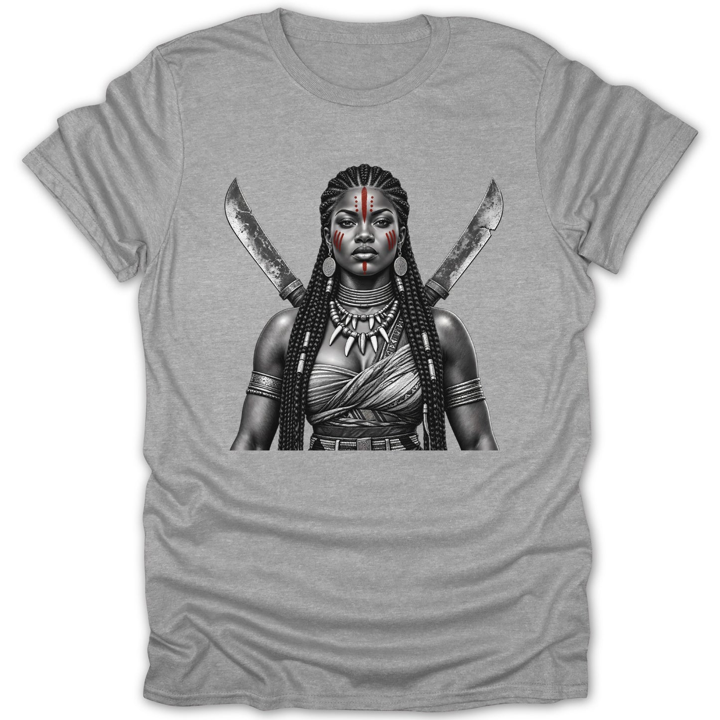 Black and white graphic of a woman with face paint and swords behind her.