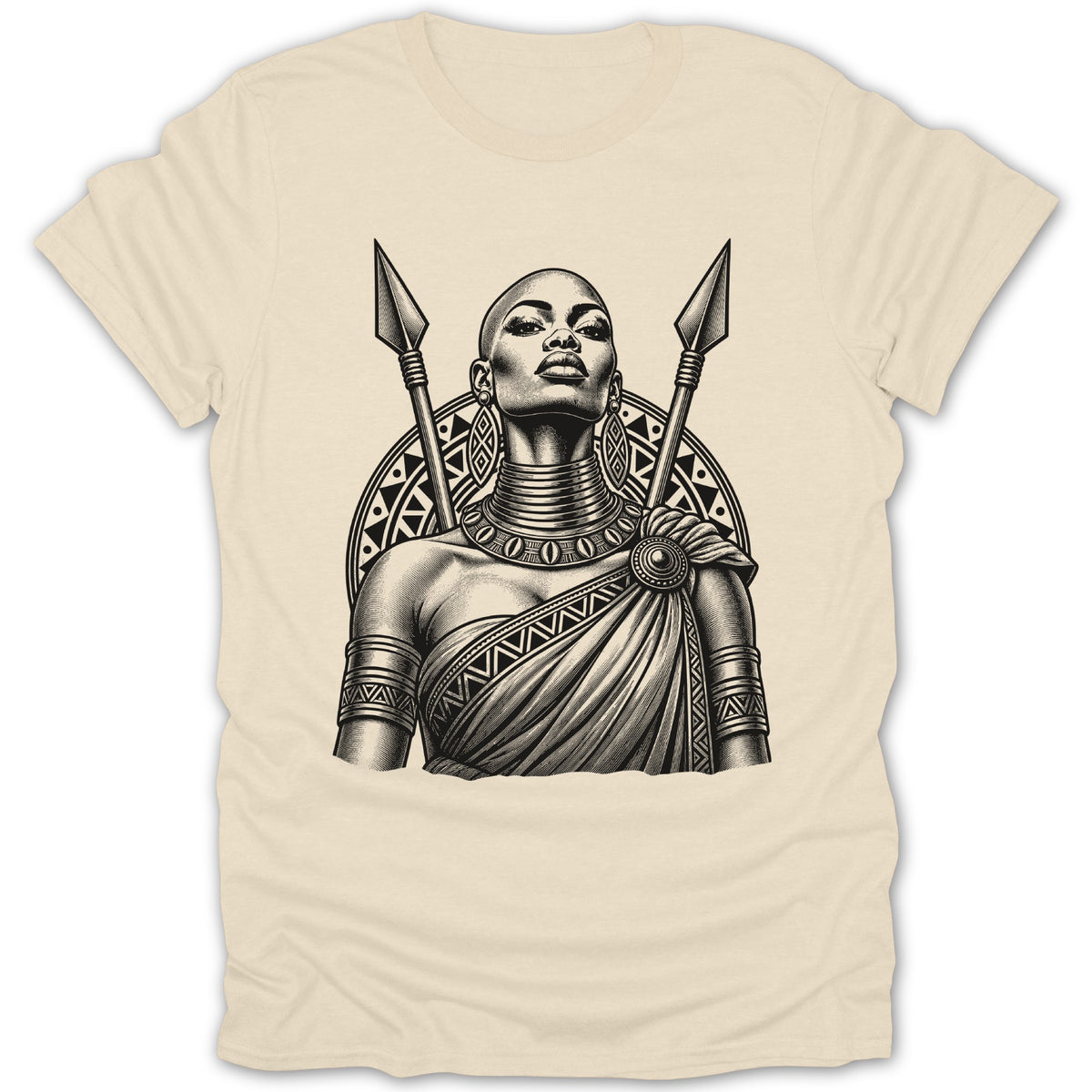 Black and white illustration of a bald woman with spears and tribal adornments.
