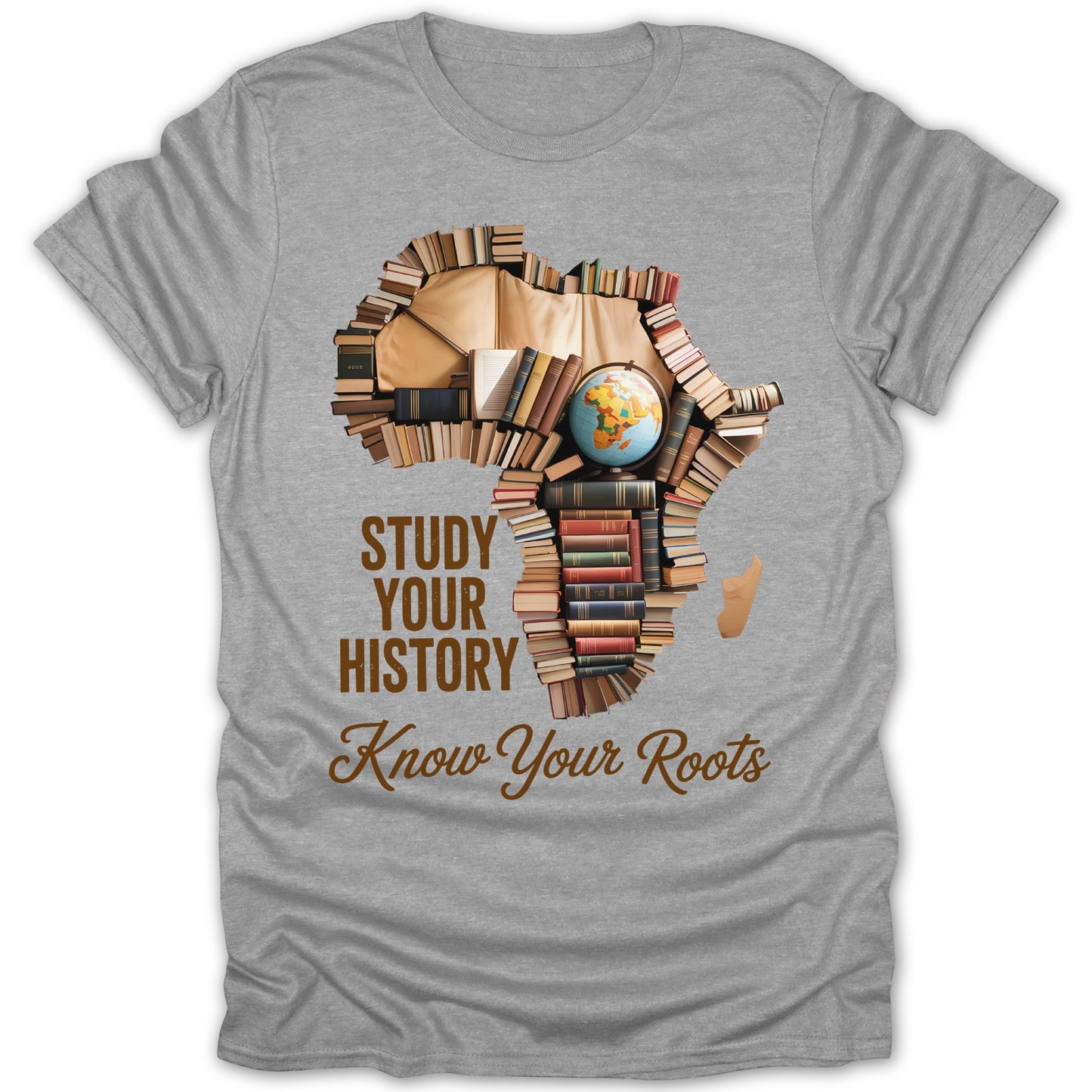 Africa shaped from books with globe, reads "Study Your History Know Your Roots".