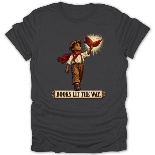 Boy holding an illuminated book with text "BOOKS LIT THE WAY."
