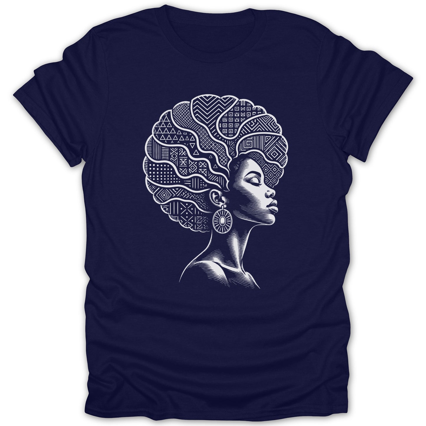 Black and white line art of woman with intricate patterned afro on navy t-shirt.