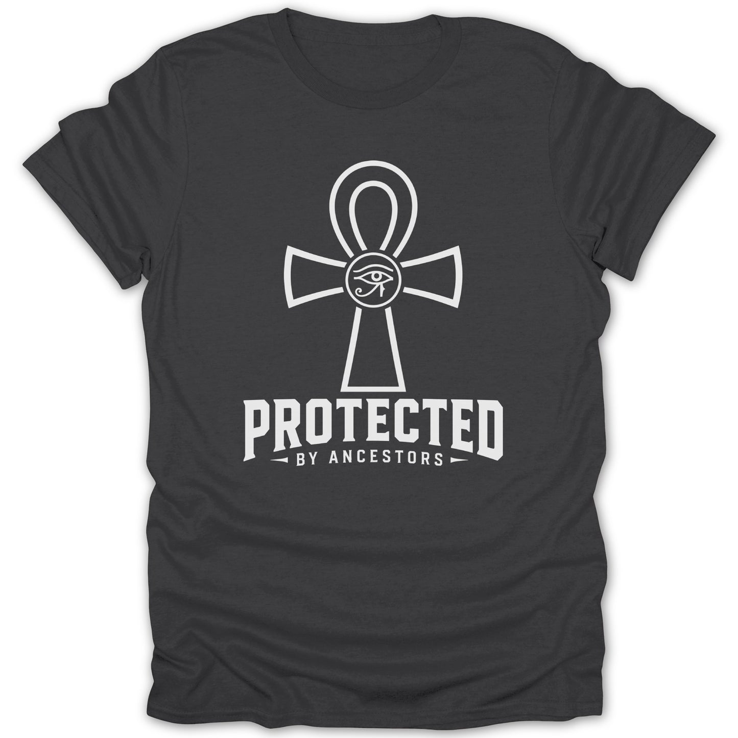 Black t-shirt with white ankh symbol and "PROTECTED BY ANCESTORS" text.