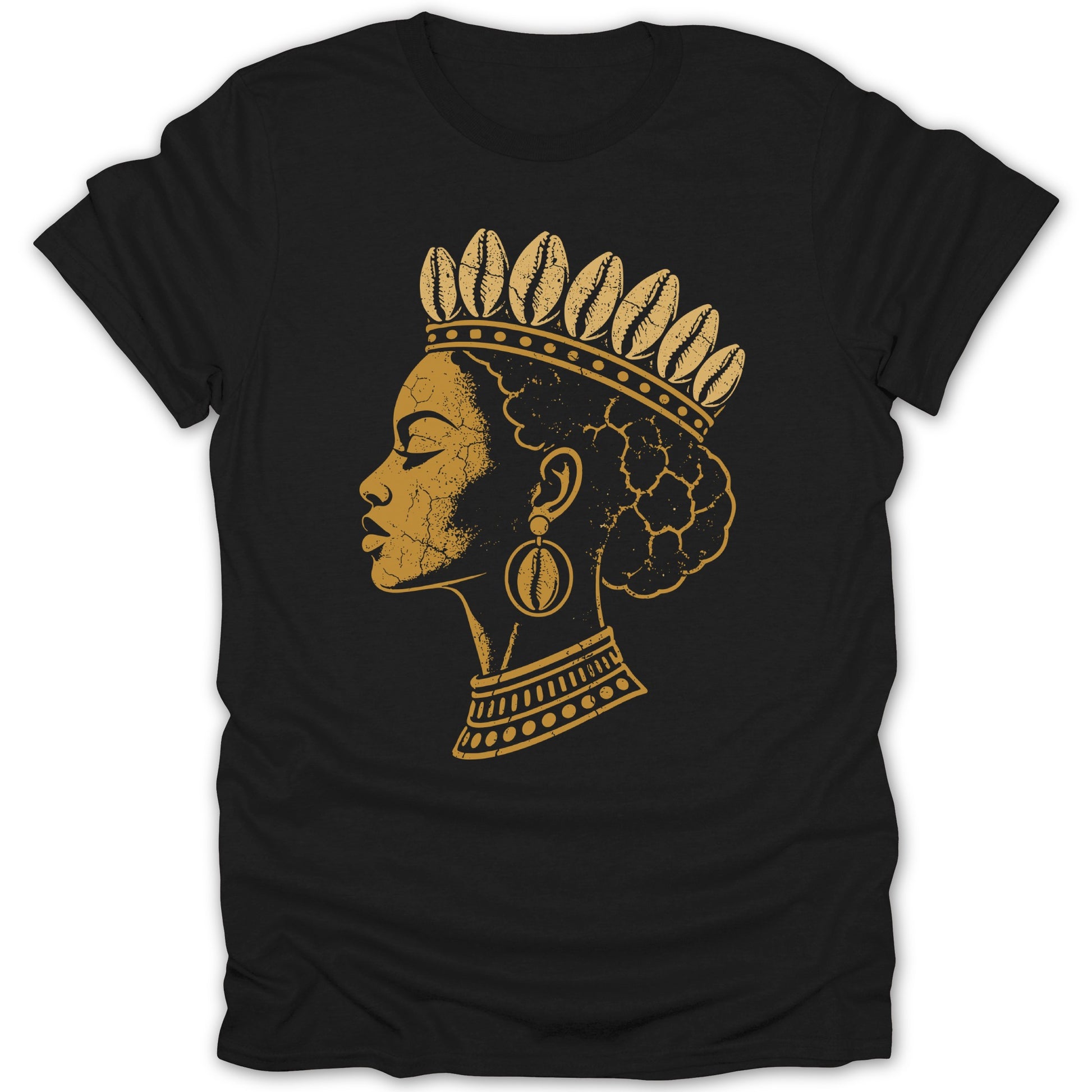 Golden profile of a black woman wearing a crown of shells and shell jewelry.