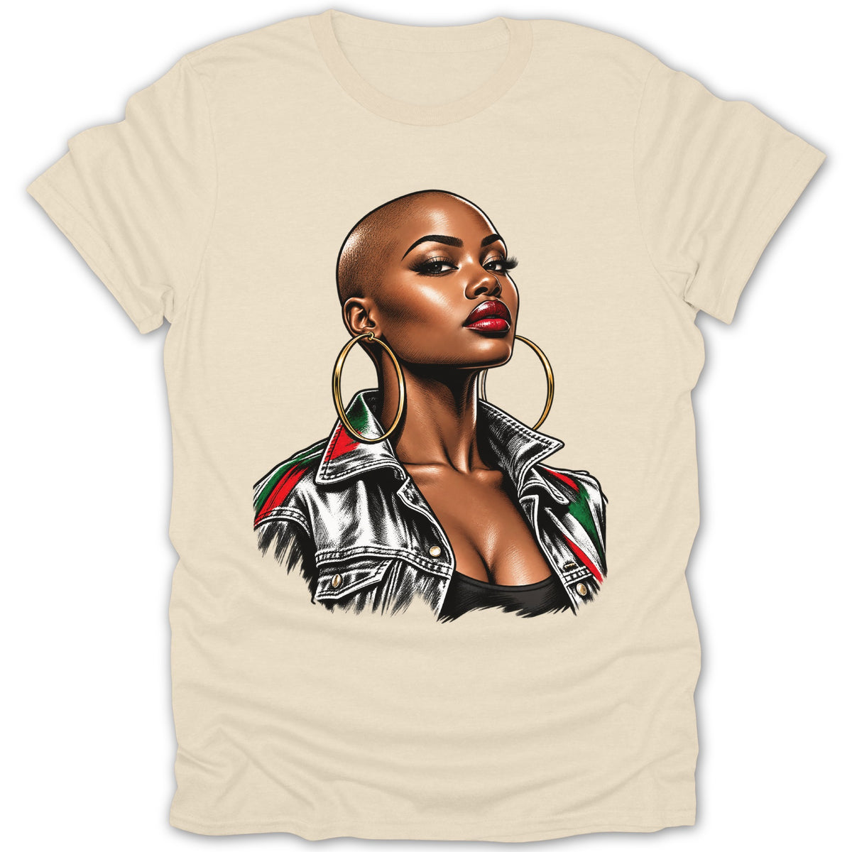 Illustration of a woman with a shaved head, large hoop earrings, and a jacket with red and green stripes.