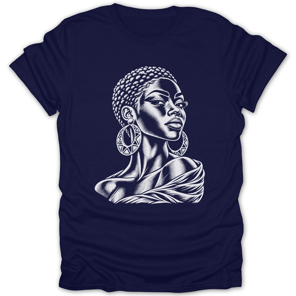 White woodcut style portrait of a Black woman with large hoop earrings on a navy t-shirt.