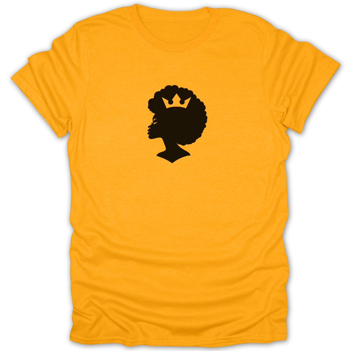 A yellow crew-neck short-sleeve t-shirt featuring a black silhouette graphic of a woman with an afro and crown.