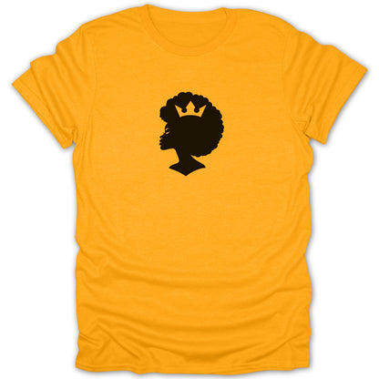 A yellow crew-neck short-sleeve t-shirt featuring a black silhouette graphic of a woman with an afro and crown.